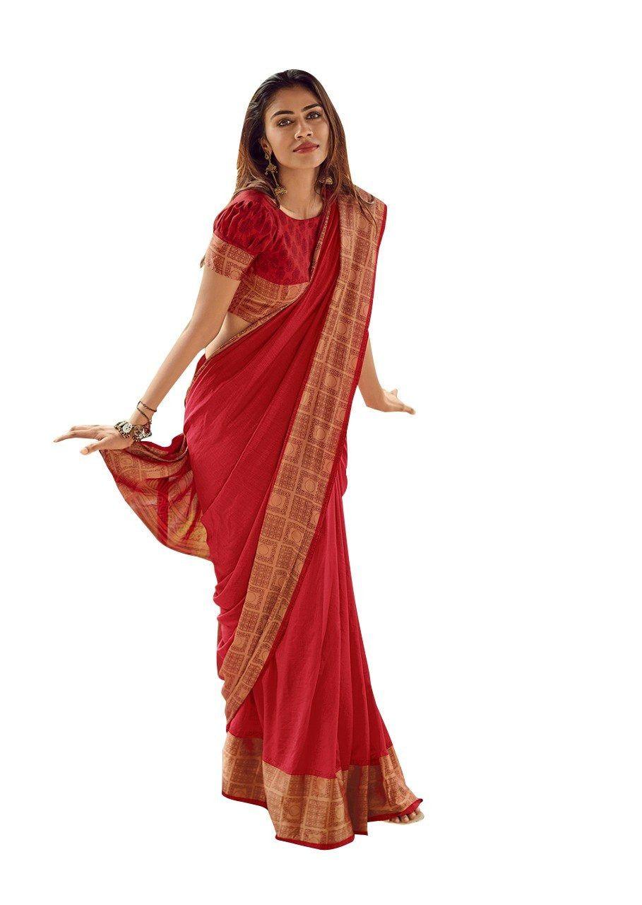 Designer Red Printed Border Sana Silk Saree S03-Anvi Creations-Sana Silk saree