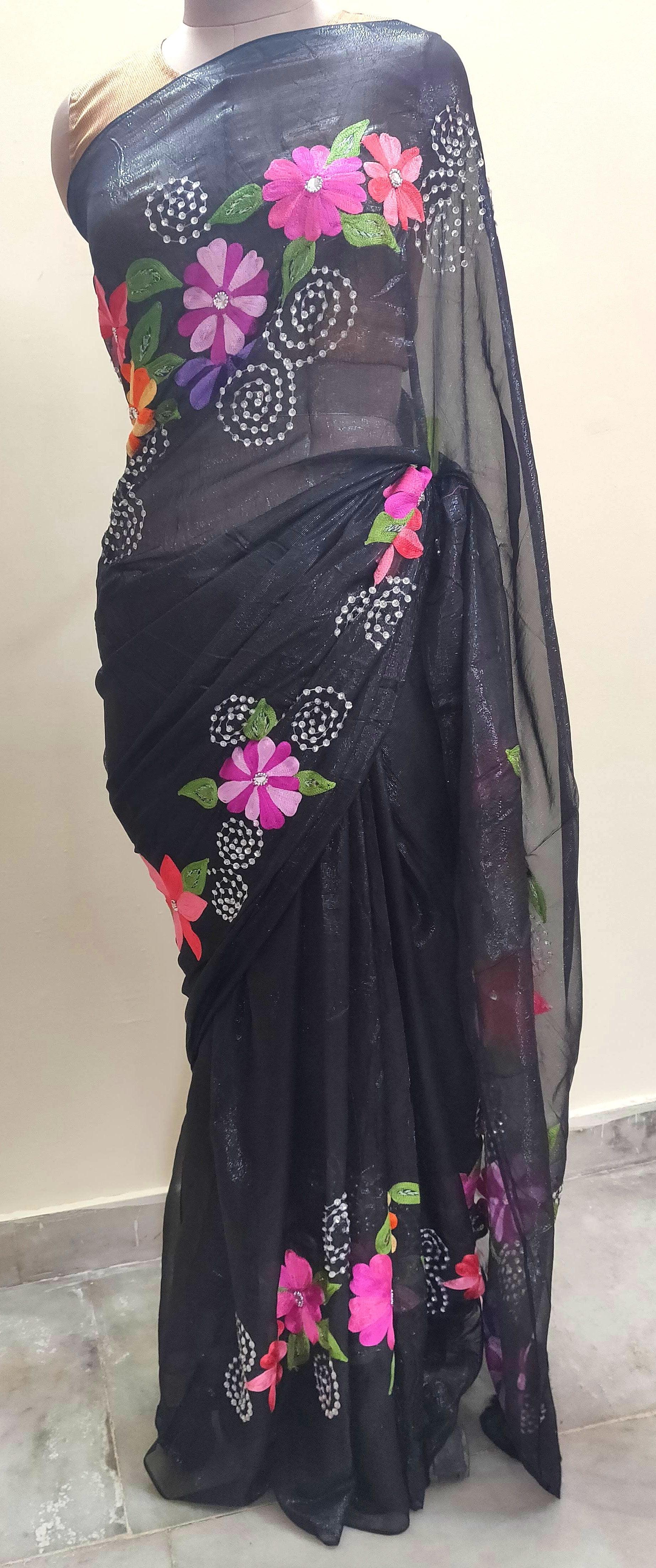 Designer Embroidered Black Shimmer Chiffon Saree SH01 - Ethnic's By Anvi Creations