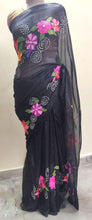 Charger l&#39;image dans la galerie, Designer Embroidered Black Shimmer Chiffon Saree SH01 - Ethnic&#39;s By Anvi Creations