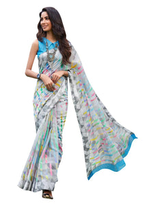Designer Blue Linen Printed Saree SH82-Anvi Creations-Handloom saree