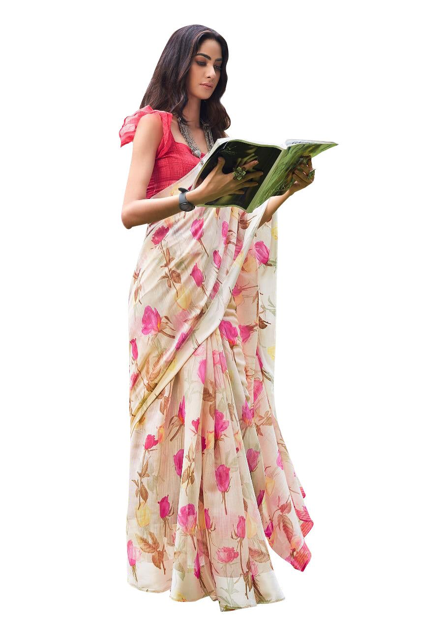 Designer Off White Linen Printed Saree SH85-Anvi Creations-Handloom saree