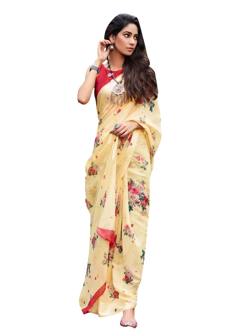 Designer Yellow Linen Printed Saree SH88-Anvi Creations-Handloom saree