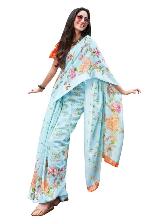 Designer Blue Linen Printed Saree SH89-Anvi Creations-Handloom saree