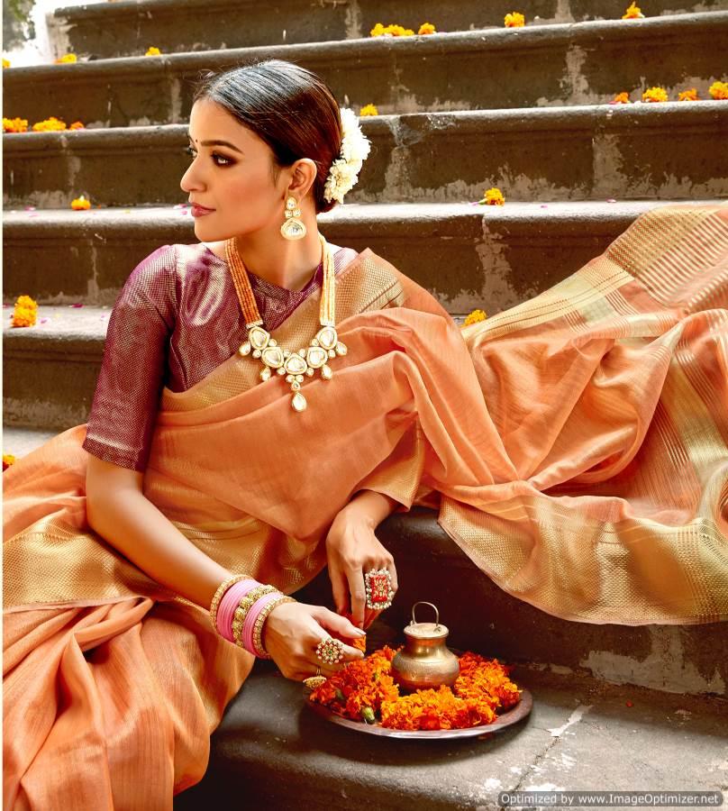 Designer Peach Zari Tissue Silk Saree with Double Blouse SIM02-Anvi Creations-Digital Print Banarasi Silk Saree
