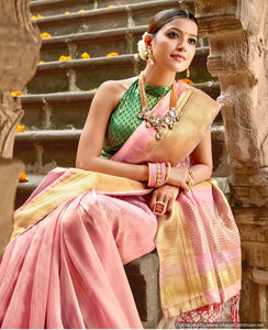 Designer Pink Zari Tissue Silk Saree with Double Blouse SIM03-Anvi Creations-Digital Print Banarasi Silk Saree