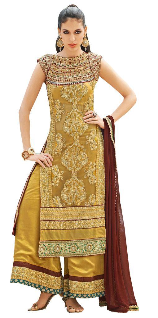 Heavy Wedding Georgette Crepe Golden Beige Dress Material Soho11-Anvi Creations-Salwar Kameez