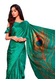Designer Peacock Feather Turquoise Green Printed Crepe Saree VAR03 - Ethnic's By Anvi Creations