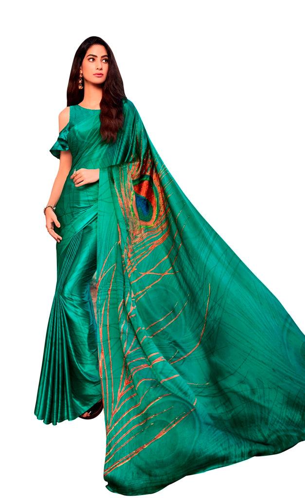 Designer Peacock Feather Turquoise Green Printed Crepe Saree VAR03 - Ethnic's By Anvi Creations