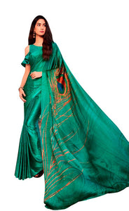 Designer Peacock Feather Turquoise Green Printed Crepe Saree VAR03 - Ethnic's By Anvi Creations