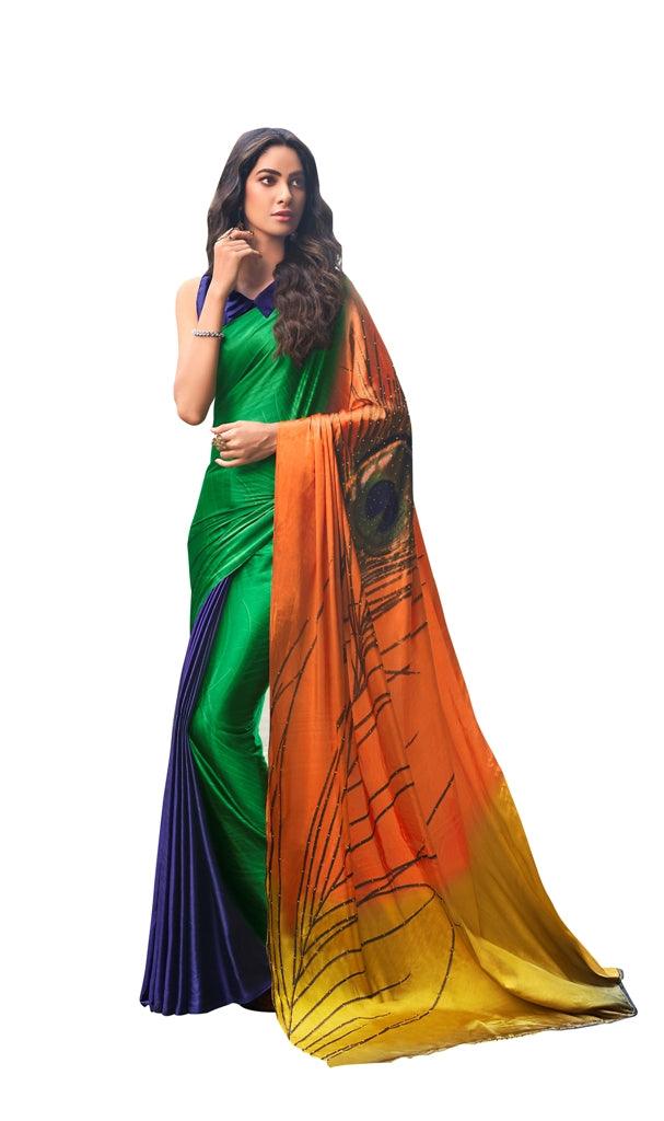 Designer Peacock Feather Green Multi Printed Crepe Saree VAR04-Anvi Creations-Crepe Printed Saree
