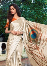 Charger l&#39;image dans la galerie, Designer Peacock Feather Off White Cream Printed Crepe Saree VAR07 - Ethnic&#39;s By Anvi Creations