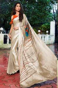 Designer Peacock Feather Off White Cream Printed Crepe Saree VAR07 - Ethnic's By Anvi Creations