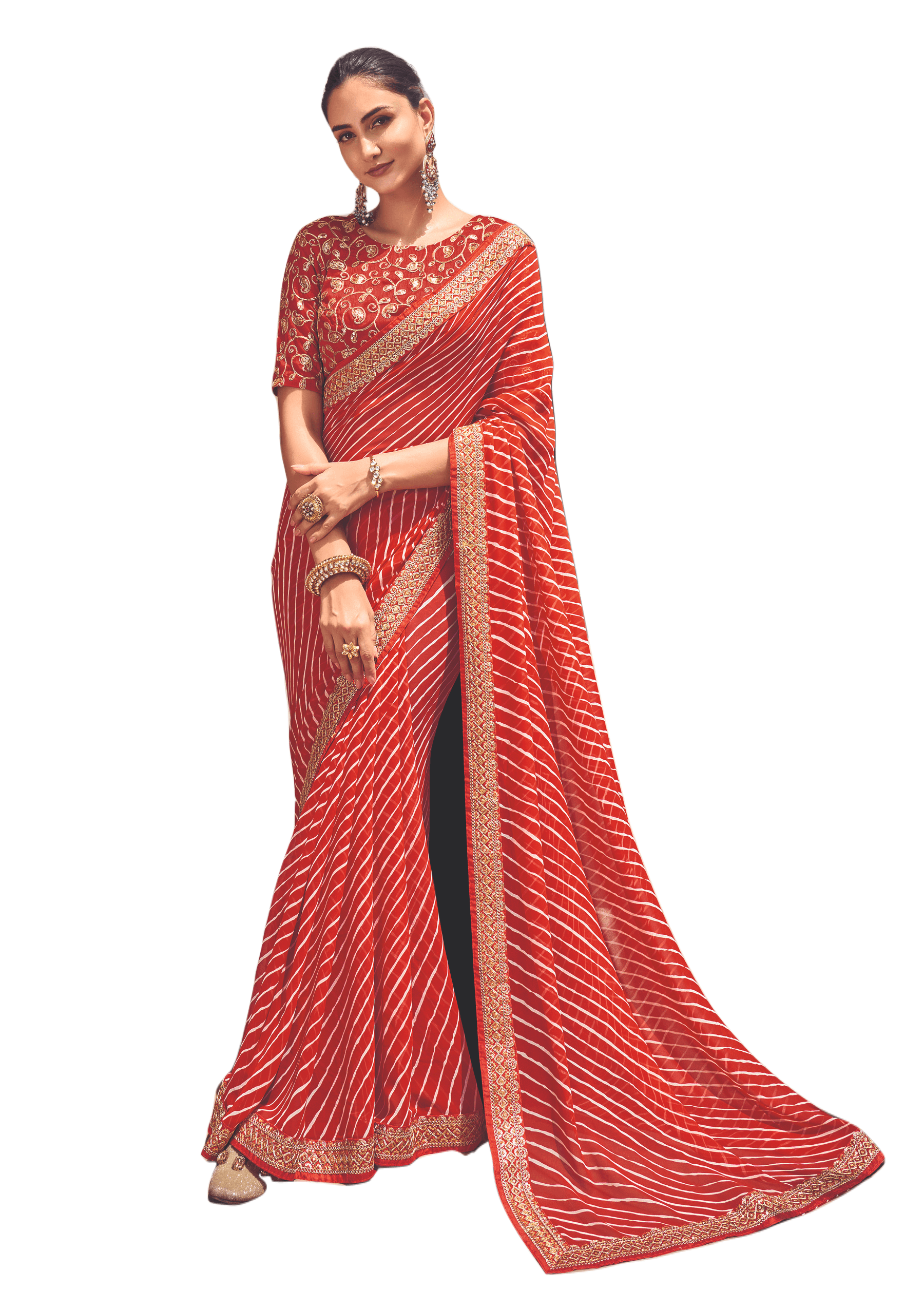 Red Lehariya Printed Saree with Embroidered Blouse VH29 - Ethnic's By Anvi Creations