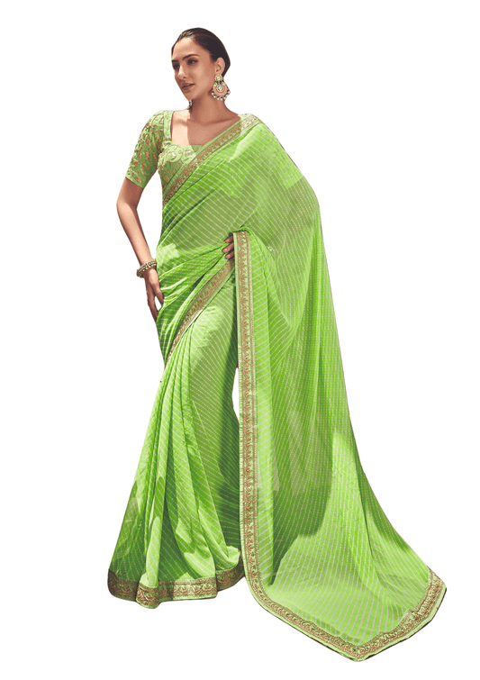 Light Green Lehariya Printed Saree with Embroidered Blouse VH30 - Ethnic's By Anvi Creations