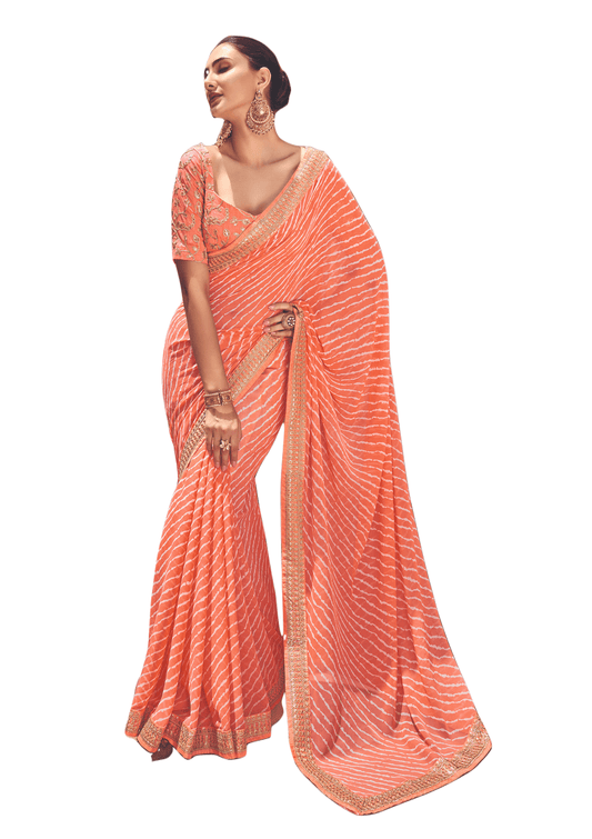 Peach Lehariya Printed Saree with Embroidered Blouse VH31 - Ethnic's By Anvi Creations