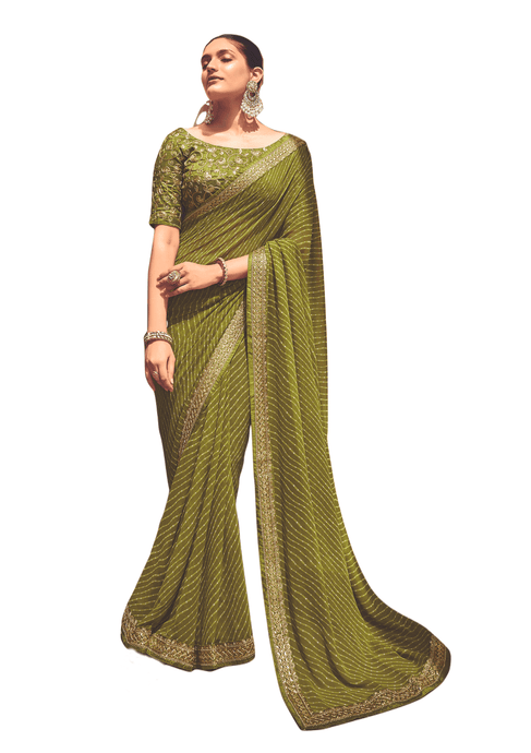 Mehndi Green Lehariya Printed Saree with Embroidered Blouse VH32 - Ethnic's By Anvi Creations