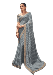 Grey Lehariya Printed Saree with Embroidered Blouse VH33 - Ethnic's By Anvi Creations