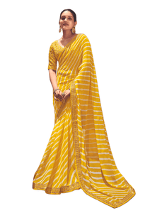 Yellow Lehariya Printed Saree with Embroidered Blouse VH34 - Ethnic's By Anvi Creations