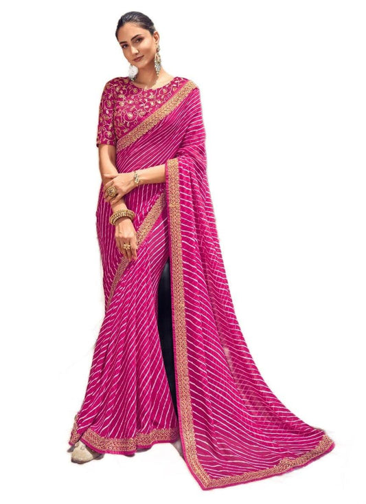 Magenta Pink Lehariya Printed Saree with Embroidered Blouse VH29B - Ethnic's By Anvi Creations