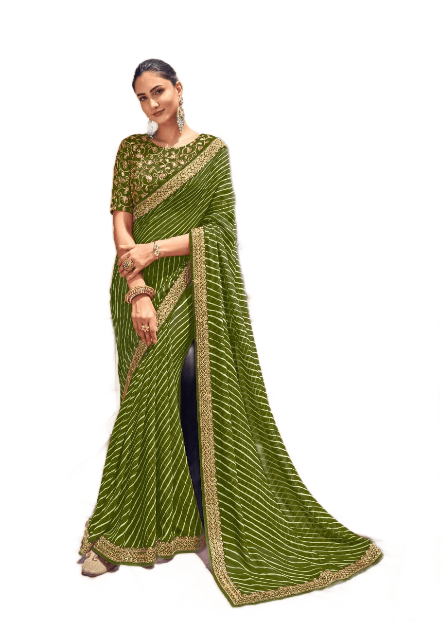 Mehndi Green Lehariya Printed Saree with Embroidered Blouse VH29E - Ethnic's By Anvi Creations