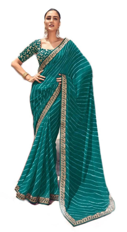 Turquoise Lehariya Printed Saree with Embroidered Blouse VH35C - Ethnic's By Anvi Creations