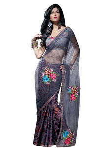 Designer Grey net and crepe Embroidered saree SC408-Anvi Creations-Designer Saree