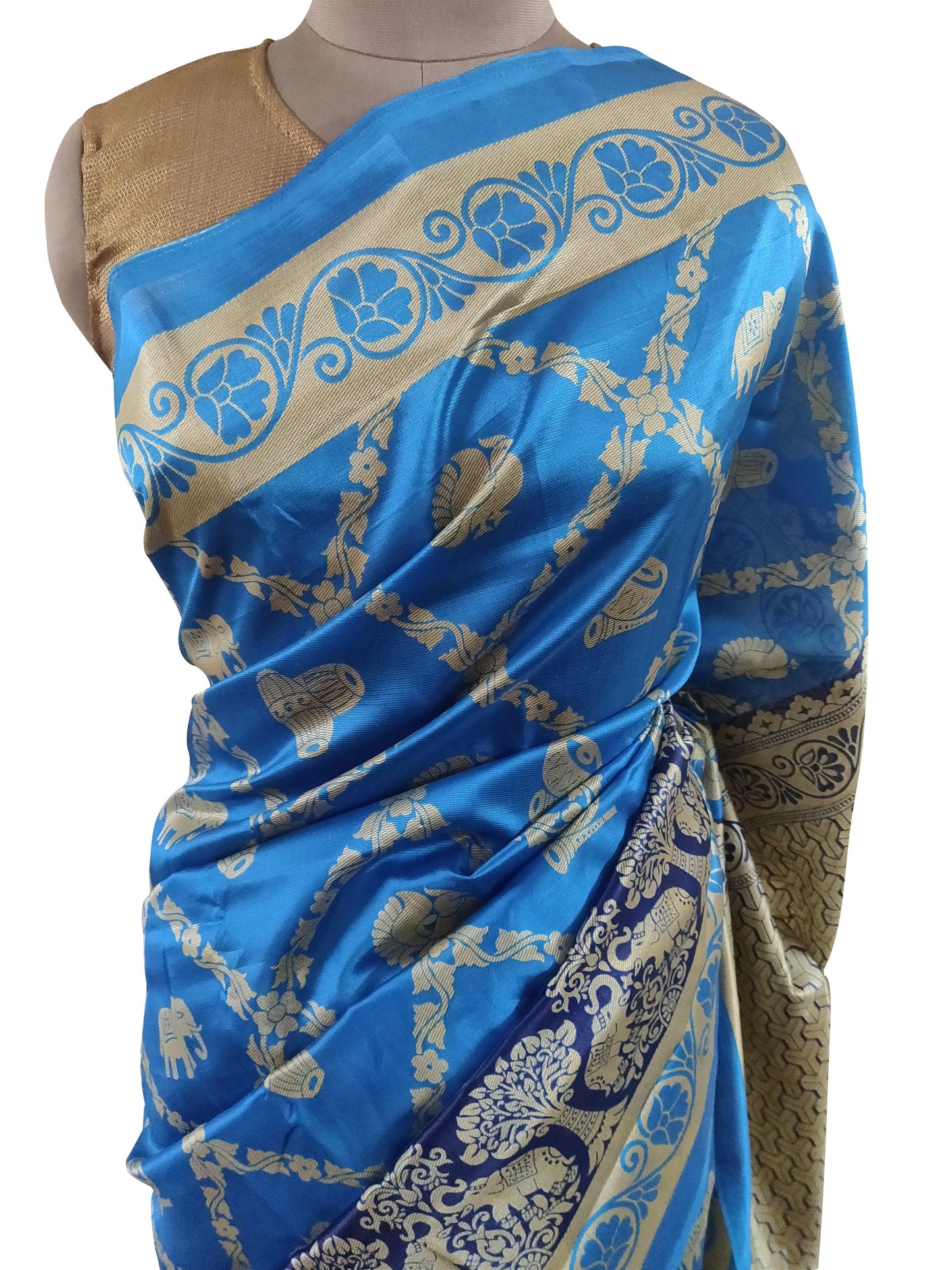 Blue Printed Dupion Silk Saree with Blouse Fabric VAS04-Anvi Creations-Brasso Saree