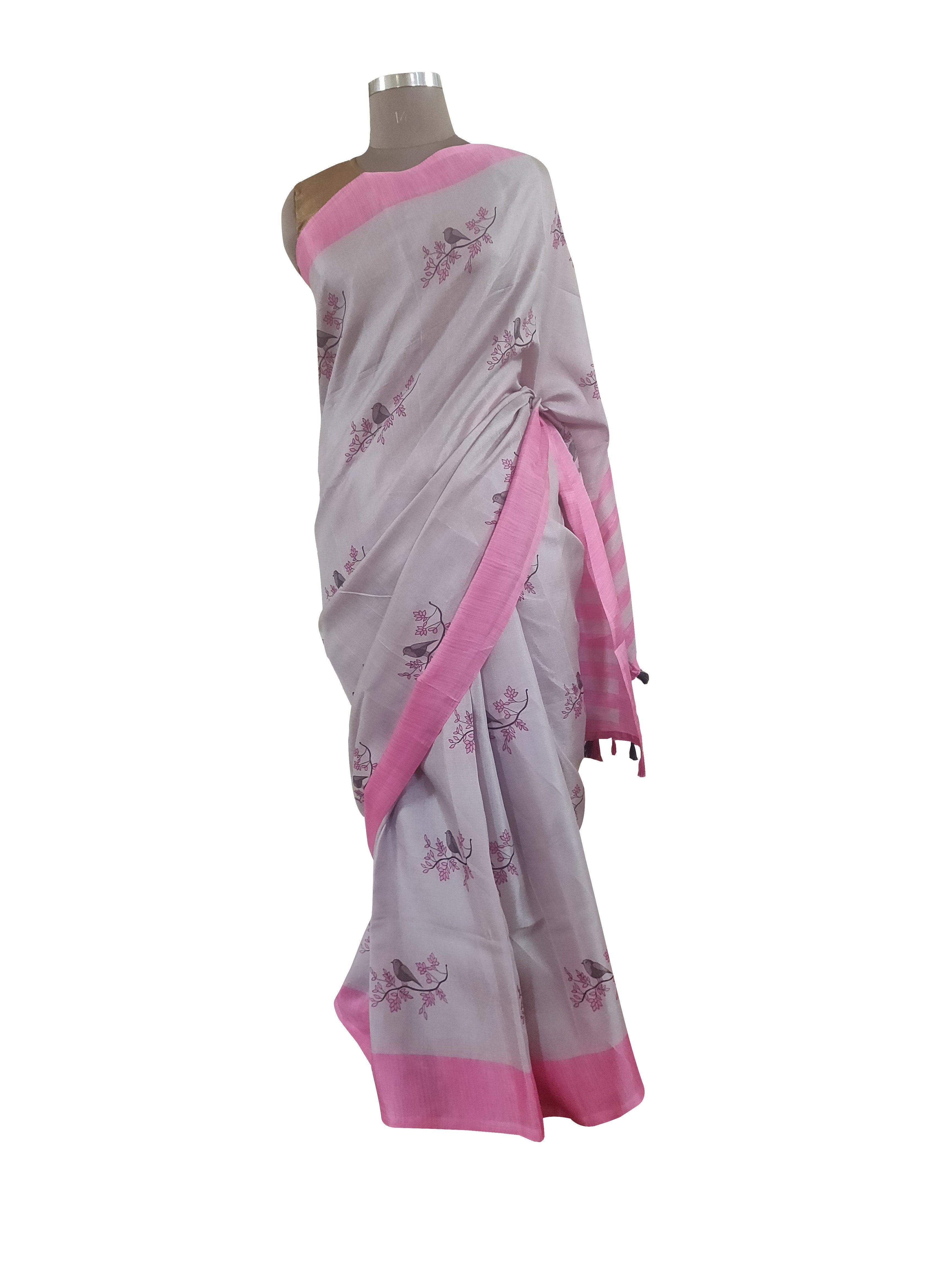 Handloom Mul Cotton Hand-block Print Saree-White