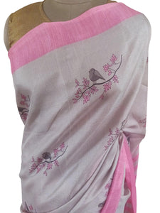 Grey Pink Border Bird Printed Dupion Silk Saree with Blouse Fabric VAS06-Anvi Creations-Brasso Saree