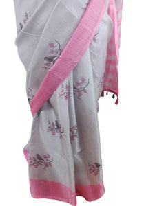 Grey Pink Border Bird Printed Dupion Silk Saree with Blouse Fabric VAS06-Anvi Creations-Brasso Saree