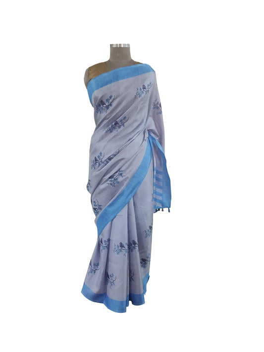 Grey Blue Border Bird Printed Dupion Silk Saree with Blouse Fabric VAS07-Anvi Creations-Brasso Saree