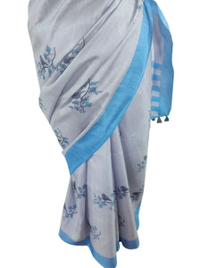 Grey Blue Border Bird Printed Dupion Silk Saree with Blouse Fabric VAS07-Anvi Creations-Brasso Saree