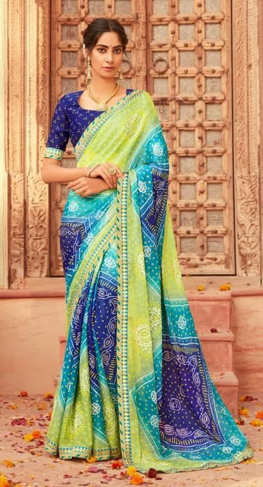 Firozi Green Bandhej Bandhani Printed Saree BAN482 - Ethnic's By Anvi Creations