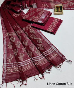 Maroon Block Printed Linen Cotton Suit BPL06 - Ethnic's By Anvi Creations