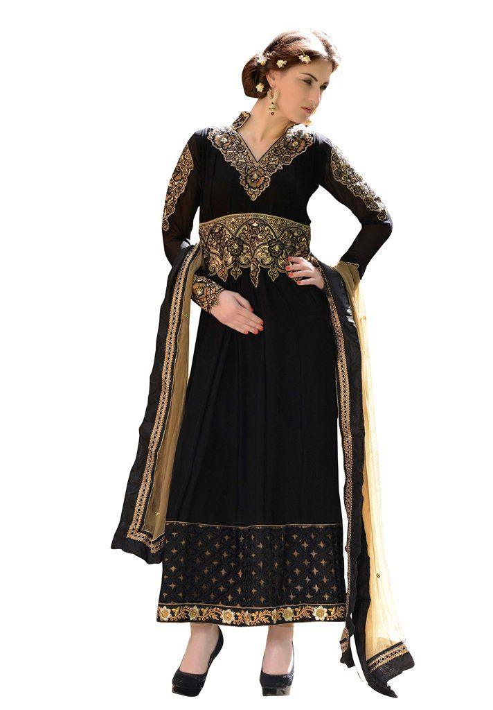 Designer Georgette Semi Stitched Black Anarkali Dress Material SC2003-Anvi Creations-Salwar Kameez