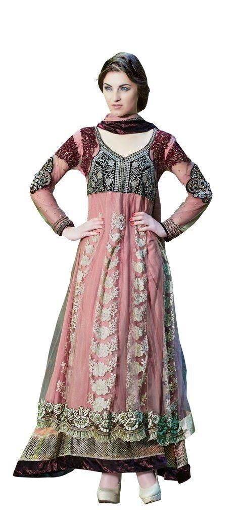Designer Net Semi Stitched English Pink Anarkali Dress Material SC2007-Anvi Creations-Salwar Kameez